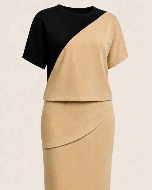 Conjunto bicolor blusa e saia recortes